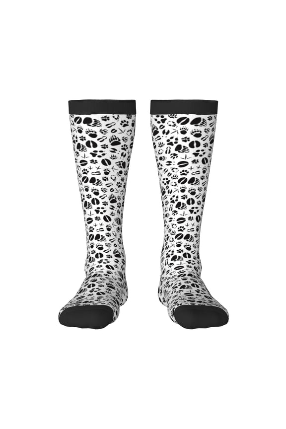 Black Footprints Print Contrast Color Stockings, Elastic Sports Socks Warm Socks Clothing Accessories, Adult Unisex