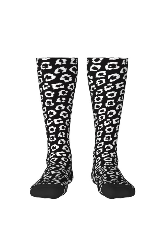 Black Leopard Print Contrast Color Stockings, Elastic Sports Socks Warm Socks Clothing Accessories, Adult Unisex