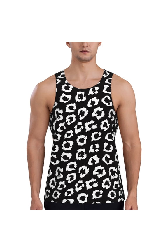 Black Leopard Print Men's Quick Dry Fitness Vest, Round Neck Sleeveless Fitness Bodybuilding Top-4X-Large