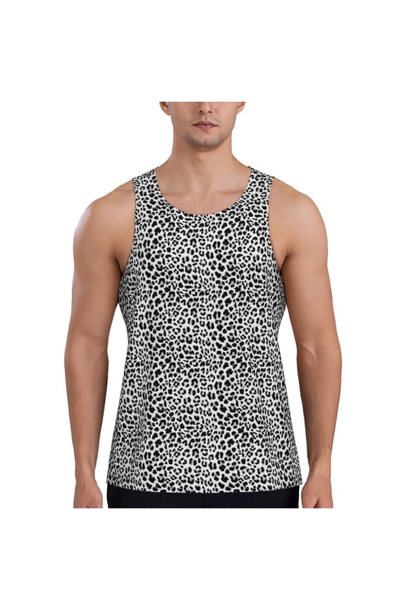 Black Leopard Print Men's Quick Dry Fitness Vest, Round Neck Sleeveless Fitness Bodybuilding Top-X-Large