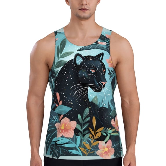 Gukieu Black Panther Floral Illustration Print Men's Quick Dry Fitness Vest, Round Neck Sleeveless Fitness Bodybuilding Top-3X-Large