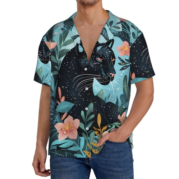 Gukieu Black Panther Floral Illustration Print Men's Short-sleeved Shirts, Button-down Pocket Shirts, T-shirts, Beach Vacation Travel Summer Clothing-3X-Large