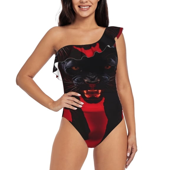 Gukieu Black Panther Red Background Print One-shoulder Ruffled One-piece Swimsuit with Removable Chest Pads and Tummy-control Swimsuit for Women-X-Large