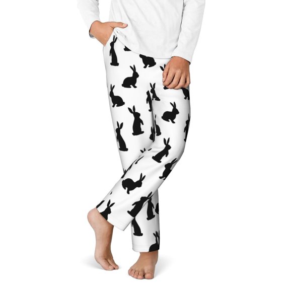 Gukieu Black Rabbit Print Youth Home Trousers, Elastic Waistband with Pockets for Home and Outing, Suitable for Children Aged 5-16-Large