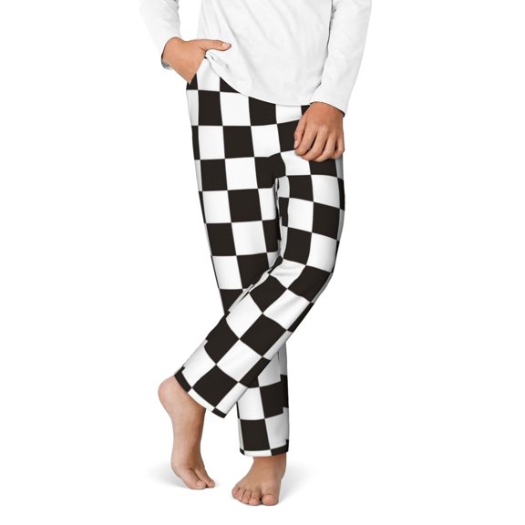 Gukieu Black and White Checkerboard Print Youth Home Trousers, Elastic Waistband with Pockets for Home and Outing, Suitable for Children Aged 5-16-XS(5-6)