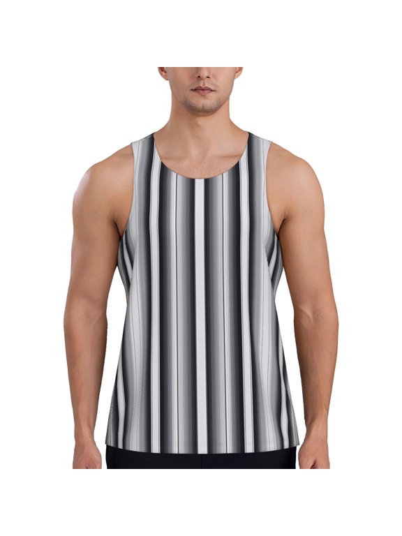 Black White Gray Mexican Blanket Serape Stripes Print Men's Quick Dry Fitness Vest, Round Neck Sleeveless Fitness Bodybuilding Top-Small