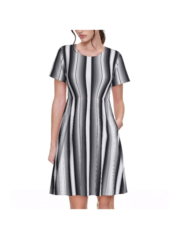 Black White Gray Mexican Blanket Serape Stripes Print Women's Short Sleeve Dress, Elastic Waistband A-line with Pockets Summer Dress, Suitable for Daily Leisure, Work, Vacation