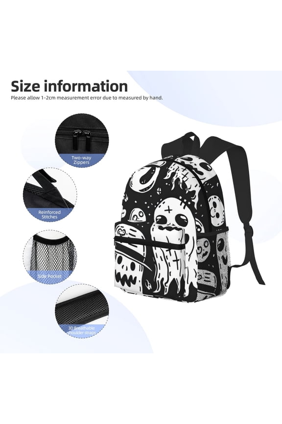 Black White Spooky Ghosts Print Backpack, Waterproof Backpack with Adjustable Shoulder Straps, Suitable for Campus, Business, Travel, Unisex