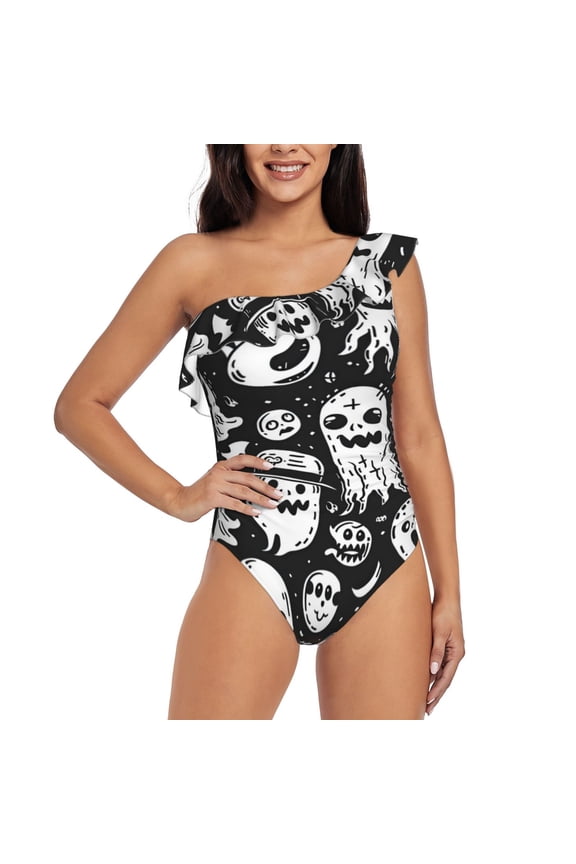 Black White Spooky Ghosts Print One-shoulder Ruffled One-piece Swimsuit with Removable Chest Pads and Tummy-control Swimsuit for Women-Large