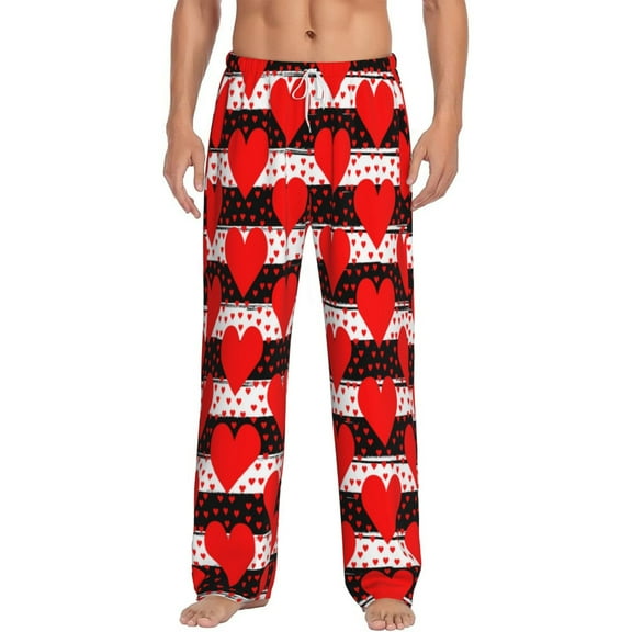Gukieu Black and white striped and red hearts Print Men's Home Trousers, Elastic Drawstring Home Pajamas Clothing Suitable for Adult Men-X-Large