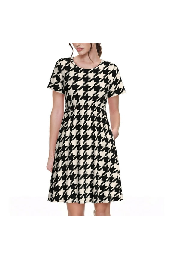 Black and white houndstooth Print Women's Short Sleeve Dress, Elastic Waistband A-line with Pockets Summer Dress, Suitable for Daily Leisure, Work, Vacation