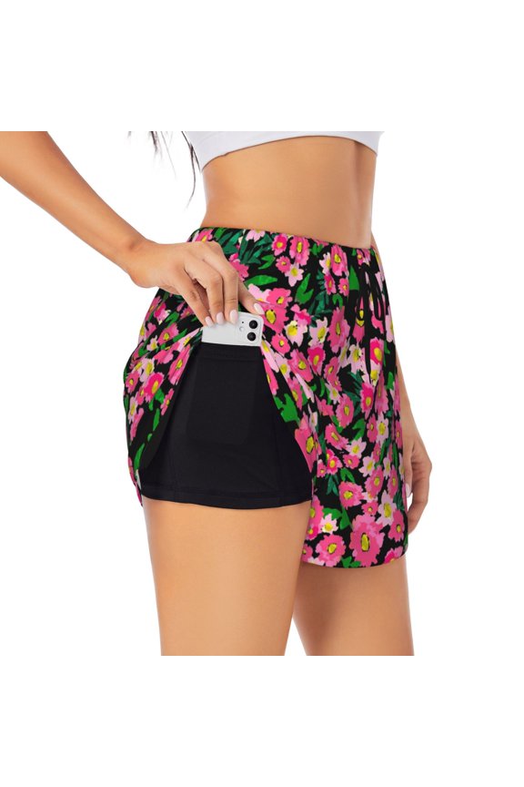 Blooming Meadow Print Women's Sports Shorts with Drawstring Elastic Waistband for Running, Yoga, Fitness-Small
