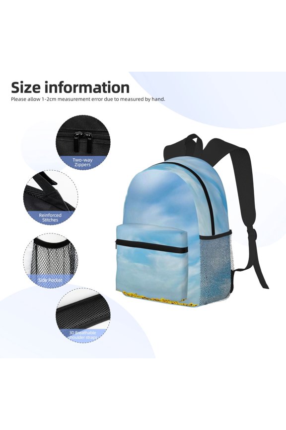 Blooming Sunflower Field Print Backpack, Waterproof Backpack with Adjustable Shoulder Straps, Suitable for Campus, Business, Travel, Unisex