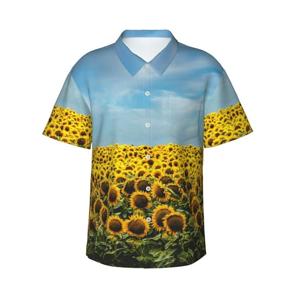 Gukieu Blooming Sunflower Field Print Men's Short-sleeved Shirts, Button-down Lapel Hawaiian Shirts, T-shirts, Beach Vacation Summer Casual Wear,Large