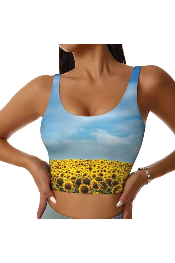 Blooming Sunflower Field Print Women's Sports Vest, Low-neck U-shaped Removable Pad Sports Bra for Yoga, Exercise, Dance-XX-Large