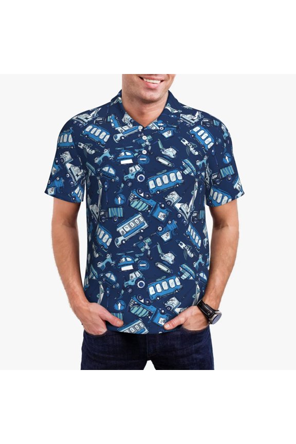 Blue Bus Print Men's Quick-drying POLO Shirt, Button-down Summer T-shirt, Suitable for Work and Outdoor Activities-X-Large