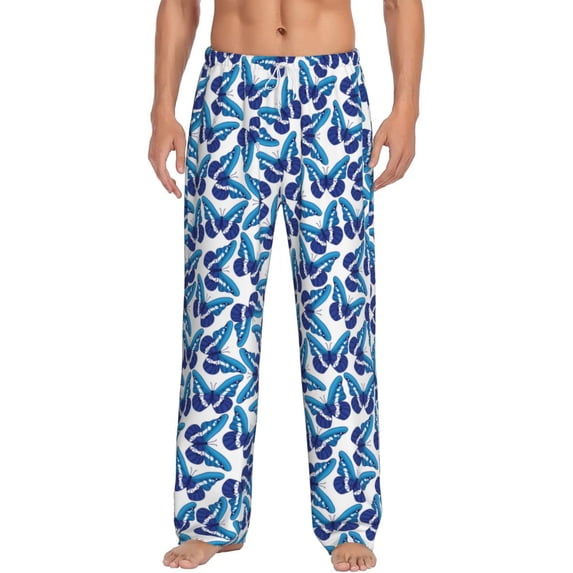 Gukieu Blue Butterflies Print Men's Home Trousers, Elastic Drawstring Home Pajamas Clothing Suitable for Adult Men-Large