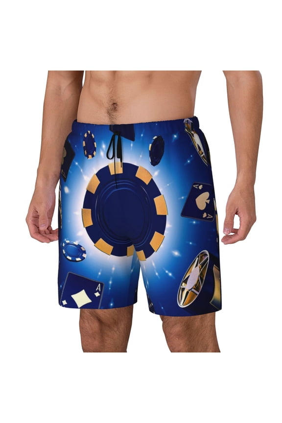 Blue Casino Print Men's Double Layer Sports Swim Trunks, Quick Dry Adjustable Waist Swim Shorts Swimwear-Small