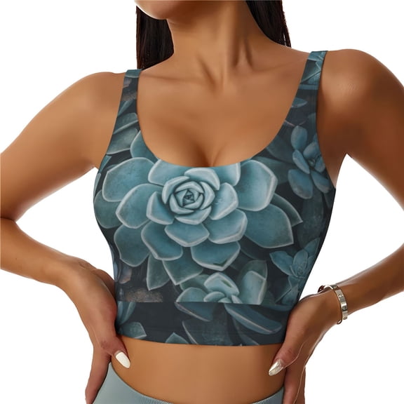 Gukieu Blue Color Cactus Print Women's Sports Vest, Low-neck U-shaped Removable Pad Sports Bra for Yoga, Exercise, Dance-Medium