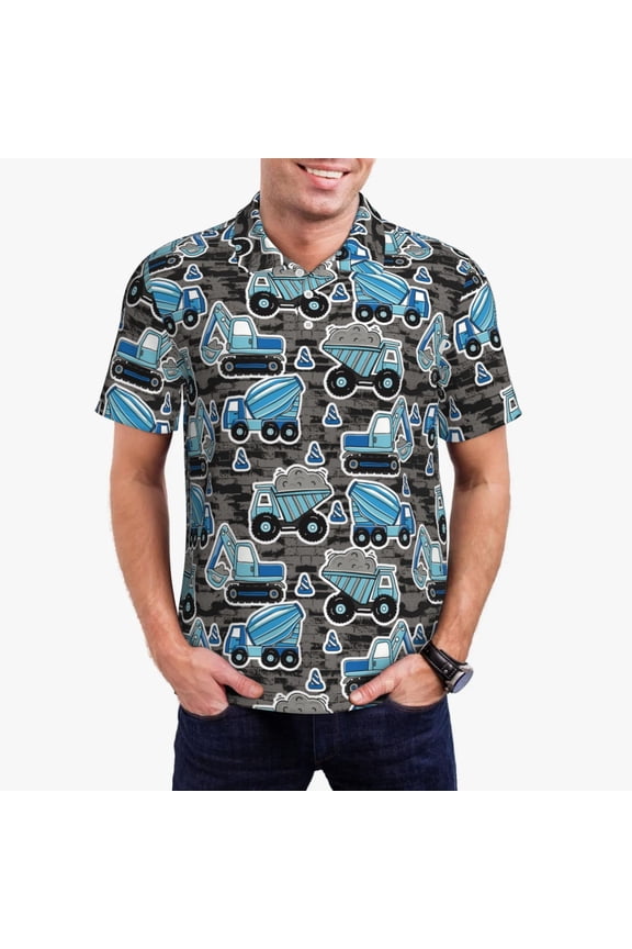 Blue Excavator Print Men's Quick-drying POLO Shirt, Button-down Summer T-shirt, Suitable for Work and Outdoor Activities-4X-Large