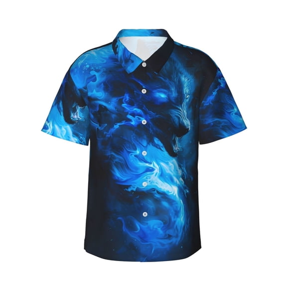 Gukieu Blue Fire Cool Wolf Print Men's Short-sleeved Shirts, Button-down Lapel Hawaiian Shirts, T-shirts, Beach Vacation Summer Casual Wear,Medium
