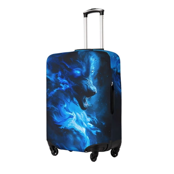 Gukieu Blue Fire Cool Wolf Print Suitcase Protective Cover, Elastic Zipper Buckle Suitcase Protective Cover, Suitable for Travel, Business Trip-Large