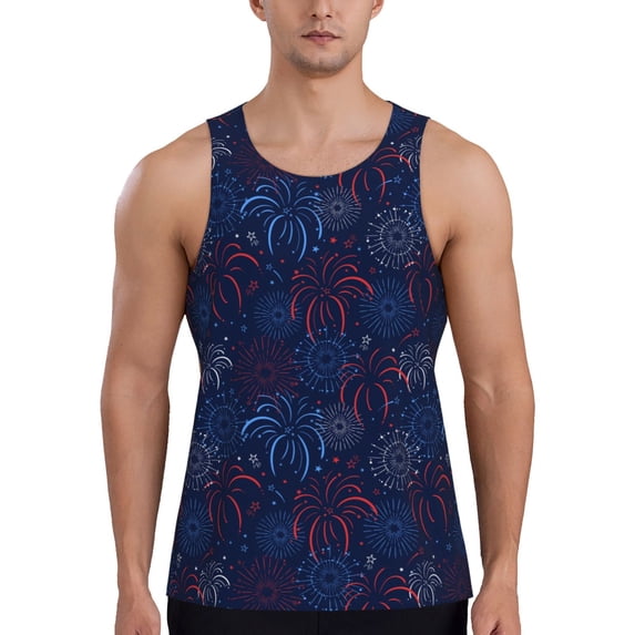 Gukieu Blue Firework Print Men's Quick Dry Fitness Vest, Round Neck Sleeveless Fitness Bodybuilding Top-Large