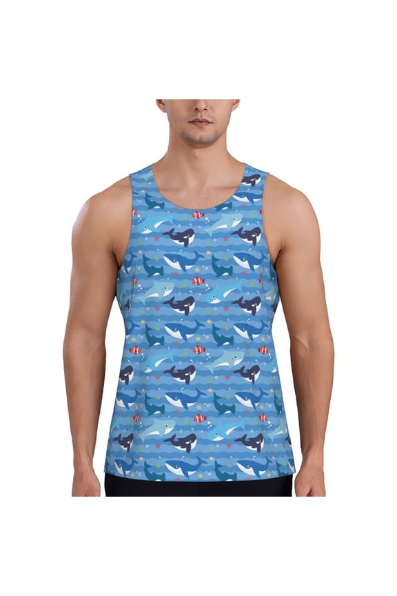 Blue Fish Print Men's Quick Dry Fitness Vest, Round Neck Sleeveless Fitness Bodybuilding Top-X-Large