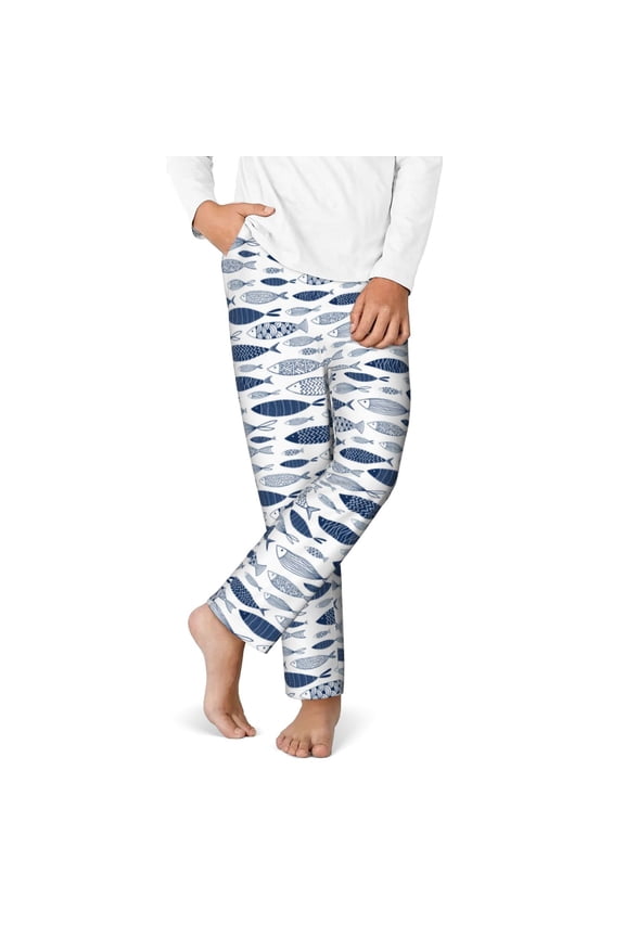 Blue Fish Print Youth Home Trousers, Elastic Waistband with Pockets for Home and Outing, Suitable for Children Aged 5-16-Medium