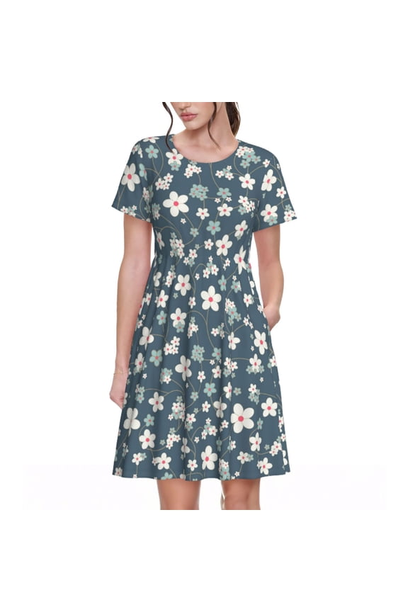 Blue Flower Print Women's Short Sleeve Dress, Elastic Waistband A-line with Pockets Summer Dress, Suitable for Daily Leisure, Work, Vacation