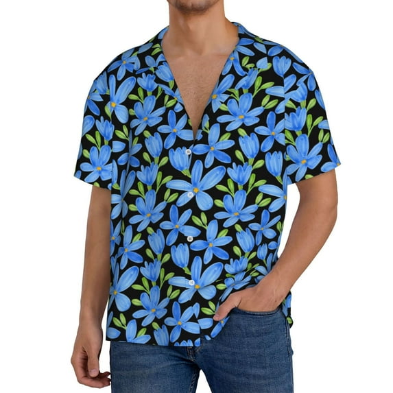 Gukieu Blue Flowers Print Men's Short-sleeved Shirts, Button-down Pocket Shirts, T-shirts, Beach Vacation Travel Summer Clothing-XX-Large