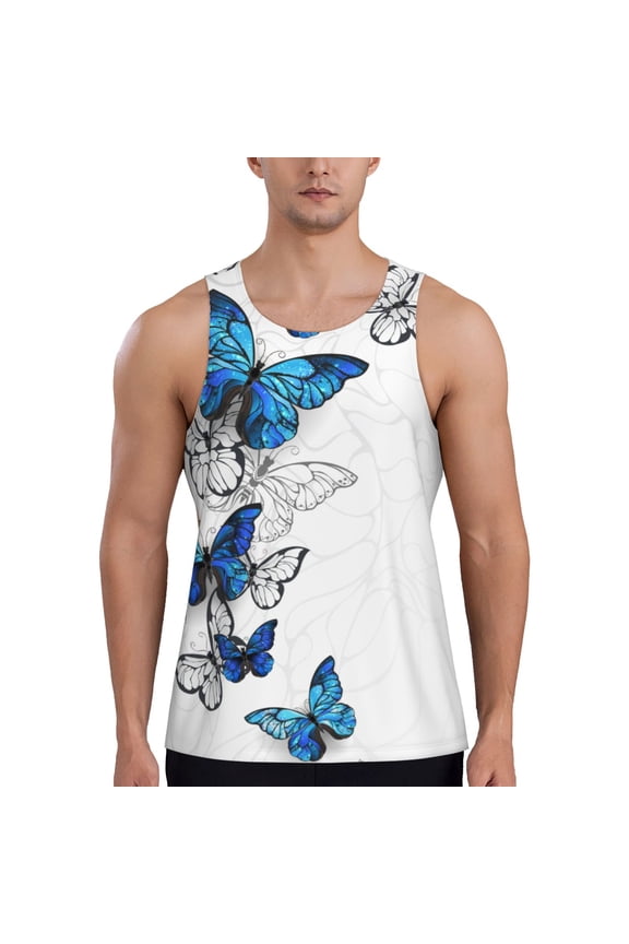 Blue Flying Butterflies Print Men's Quick Dry Fitness Vest, Round Neck Sleeveless Fitness Bodybuilding Top-X-Large