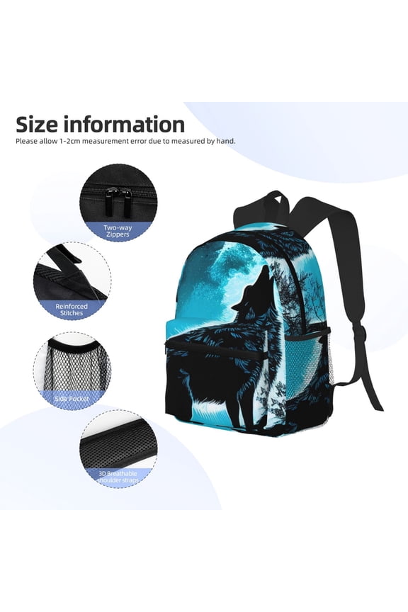 Blue Full Moon Wolf Print Backpack, Waterproof Backpack with Adjustable Shoulder Straps, Suitable for Campus, Business, Travel, Unisex