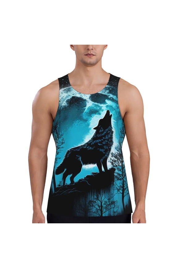 Blue Full Moon Wolf Print Men's Quick Dry Fitness Vest, Round Neck Sleeveless Fitness Bodybuilding Top-Large