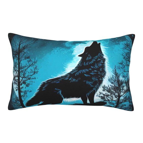Gukieu Blue Full Moon Wolf Print Plush Pillow Cover, Hidden Zipper Pillow Protector without Pillow Core, Suitable for Bedroom, Office, Car Decoration-16"x24"