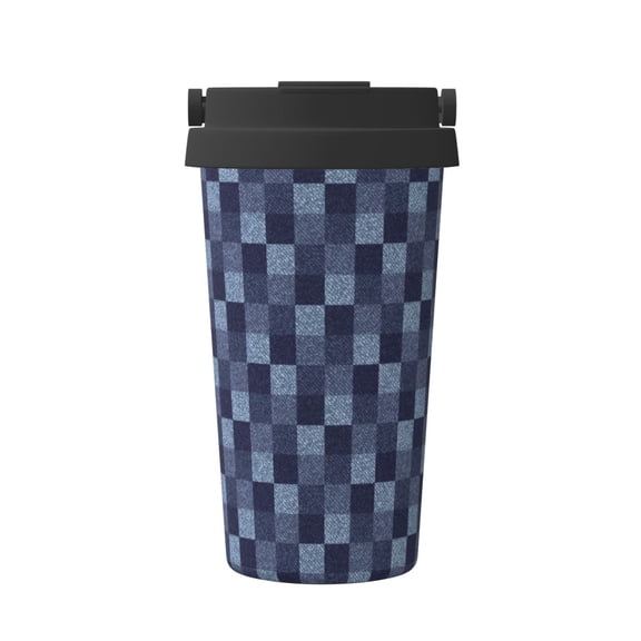 Gukieu Blue Gingham Buffalo Check Print Insulated Coffee Cup, Portable Stainless Steel Vacuum Cup with Lid, Unisex, Suitable for Office, Cafe, Car
