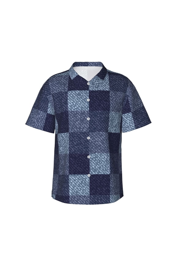 Blue Gingham Buffalo Check Print Men's Short-sleeved Shirts, Button-down Lapel Hawaiian Shirts, T-shirts, Beach Vacation Summer Casual Wear,Medium
