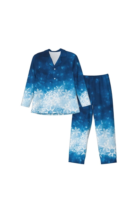 Blue Glitter Sparkles Print Men's Long-sleeved Pajamas Set, Elastic Waist Pajamas Button-down Pajamas Two-piece Set, Suitable for Adult Male Home Wear-XX-Large