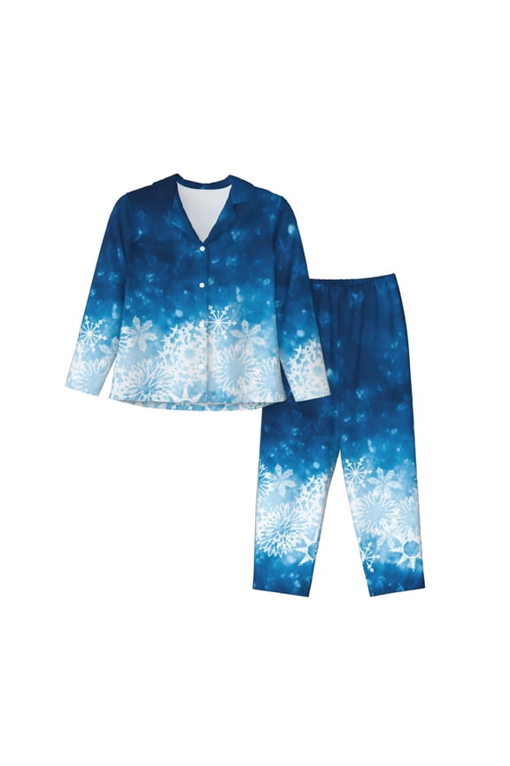 Blue Glitter Sparkles Print Women's Long Sleeve Pajama Set, Button Top Elastic Pocket Pajama Pants Two Piece Set Home Wear-Large
