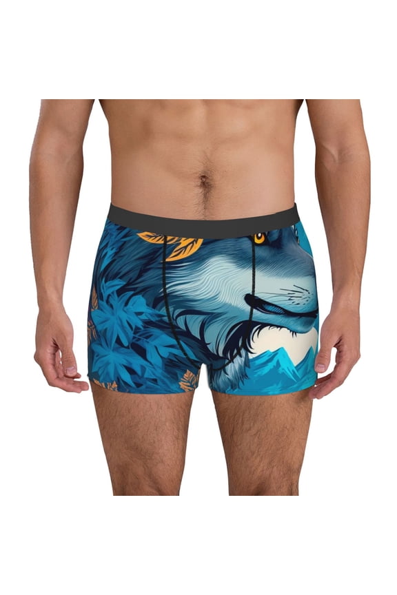 Blue Iceberg Leaf Wolf Print Men's Boxer Briefs, High Elastic Moisture Wicking Boxer Briefs Underwear-Small
