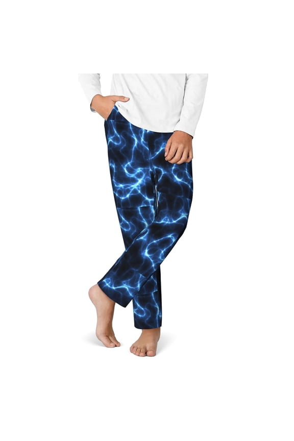 Blue Lightning Print Youth Home Trousers, Elastic Waistband with Pockets for Home and Outing, Suitable for Children Aged 5-16-Small