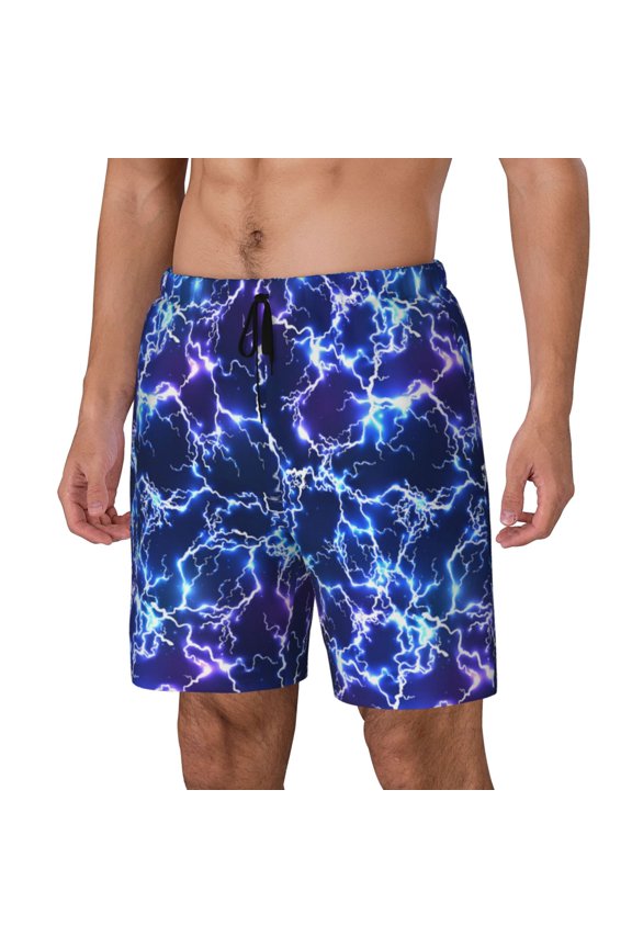 Blue Lightning1 Print Men's Double Layer Sports Swim Trunks, Quick Dry Adjustable Waist Swim Shorts Swimwear-Medium
