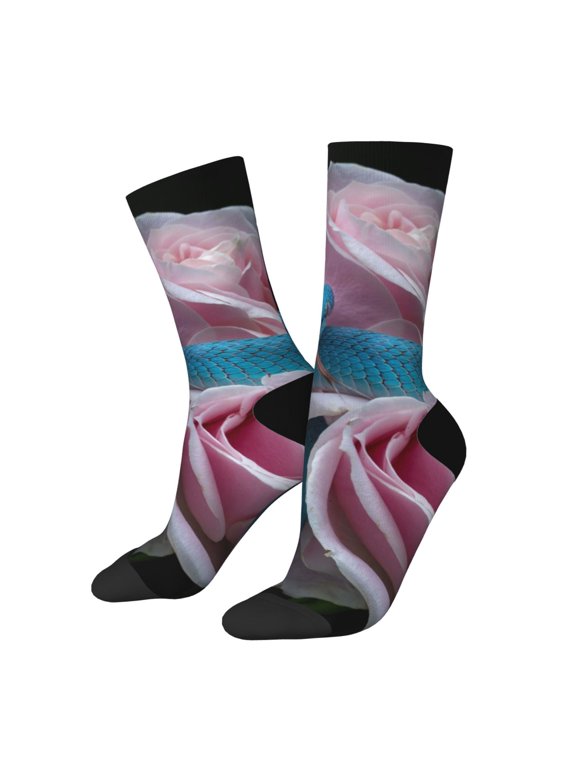 Blue Lipped Pit Viper And Three Pink Roses Print Contrast Color Mid-calf Socks, Sweat-wicking Athletic Socks, Unisex Clothing Accessories