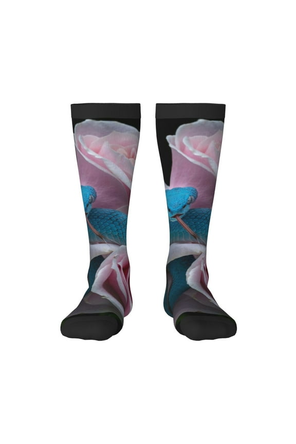 Blue Lipped Pit Viper And Three Pink Roses Print Contrast Color Stockings, Elastic Sports Socks Warm Socks Clothing Accessories, Adult Unisex