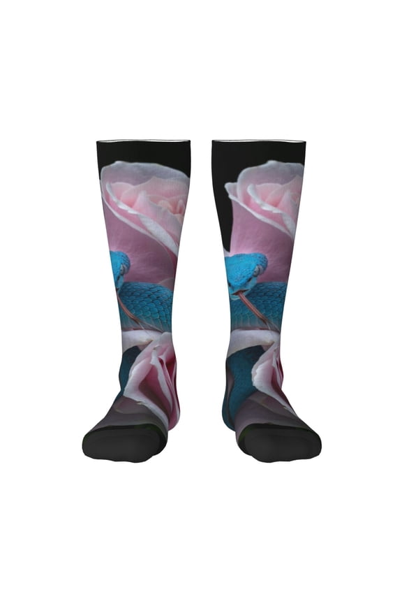 Blue Lipped Pit Viper And Three Pink Roses Print Contrast Color Stockings, Elastic Sports Socks Warm Socks Clothing Accessories, Adult Unisex