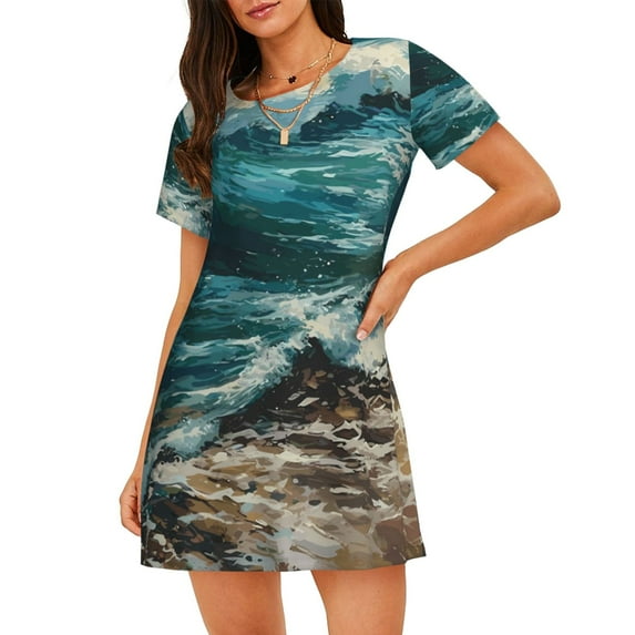 Gukieu Blue Ocean Waves Print Women's Nightgown, A-line Round Neck Short-sleeved Nightgown Pajamas Home Wear Suitable for Home and Outing