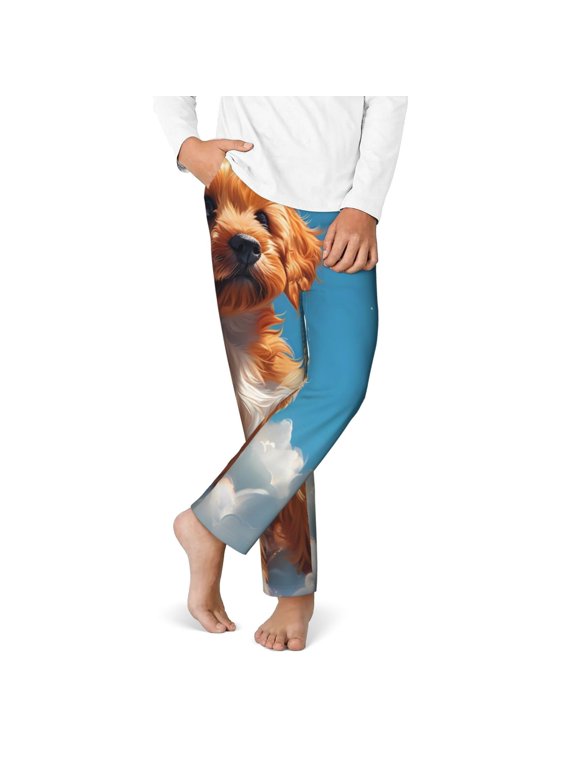 Blue Sky Cloud Puppy Print Youth Home Trousers, Elastic Waistband with Pockets for Home and Outing, Suitable for Children Aged 5-16-Small
