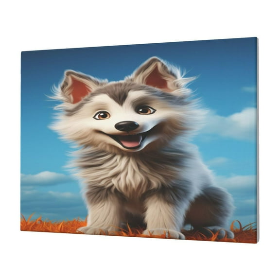 Gukieu Blue Sky Cute Wolf Print Horizontal Canvas Decorative Painting 12x16 Inch Shrinkage Resistant Frame Hanging Home Wall Art Decor