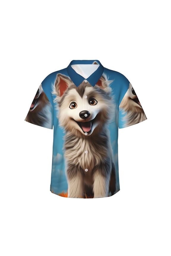 Blue Sky Cute Wolf Print Men's Short-sleeved Shirts, Button-down Lapel Hawaiian Shirts, T-shirts, Beach Vacation Summer Casual Wear,X-Large