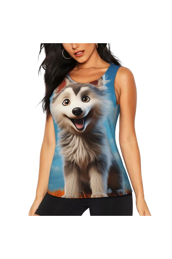 Blue Sky Cute Wolf Print Women's Quick-drying Fitness Vest, Round Neck Sleeveless Fitness T-shirt, Suitable for Yoga, Sports-Medium